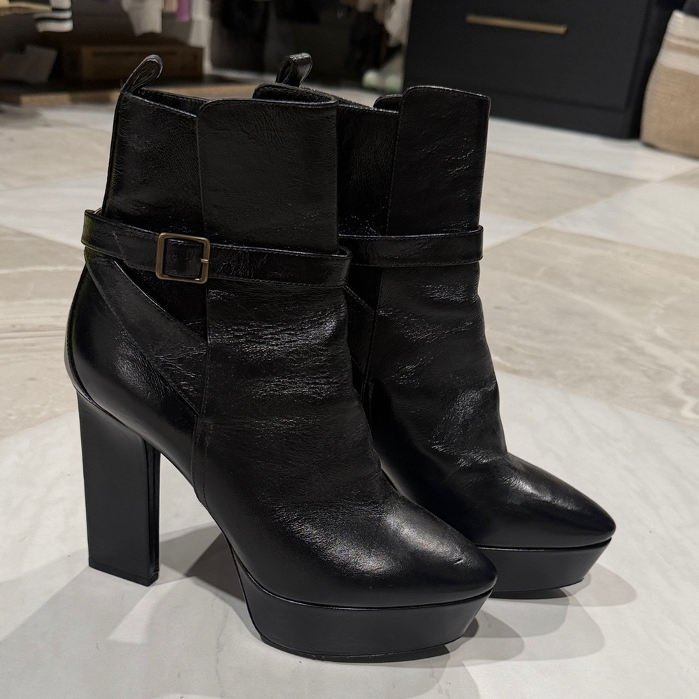 Saint Laurent Black Leather Platform Ankle Boots with Buckle Strap